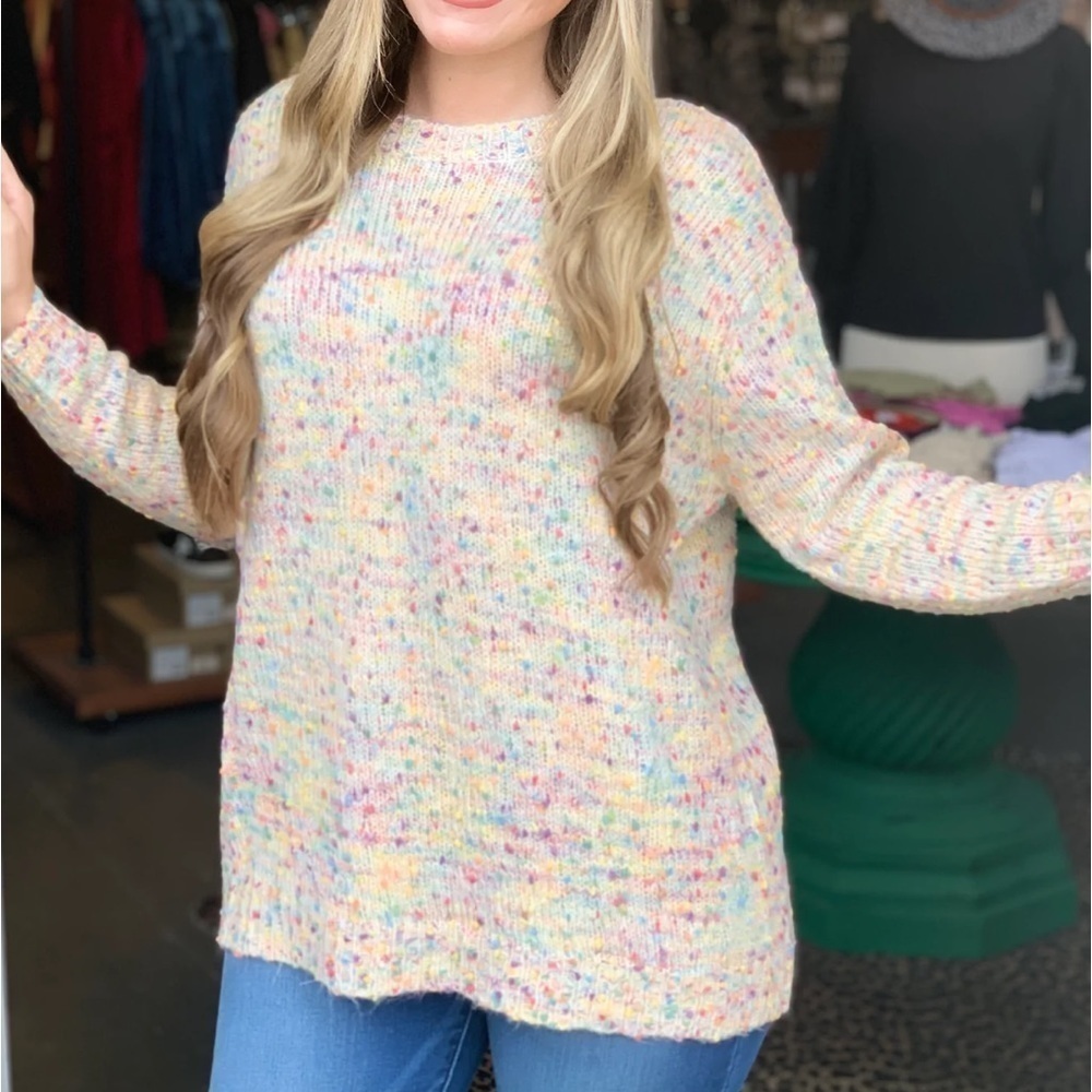 ! NWT. MAINSTRIP  BACK CUT OUT CONFETTI SWEATER IVORY